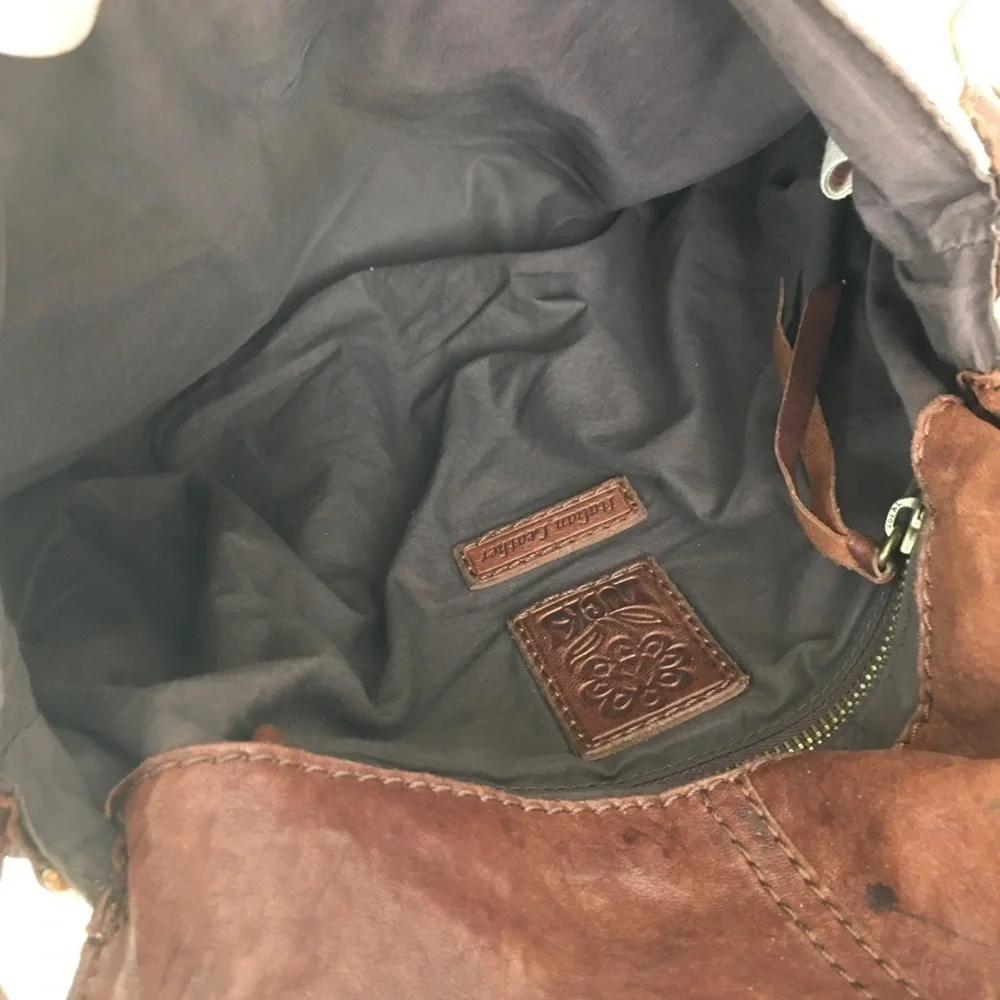 Lucky Brand Italian Leather & Canvas Shoulder Bag Brown Tan Hobo Bag Purse